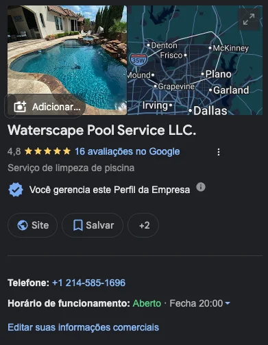 Perfil da Waterscape Pool Service no Google