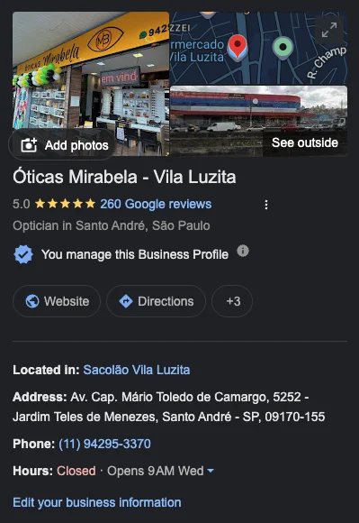 Perfil da Óticas Mirabela no Google