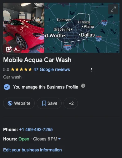 Perfil da Mobile Acqua Car Wash no Google
